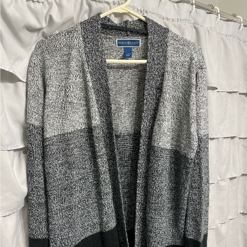 Karen Scott long cardigan, black and gray horizontal stripes, size XL.